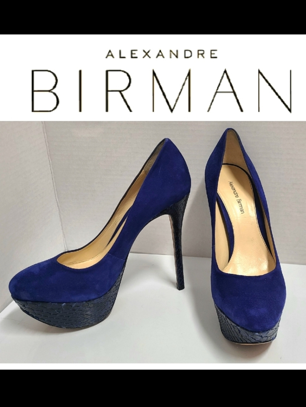 Alexandre Birman Suede Platform Pumps Python Embossed Cobalt Blue Sz 7½-8